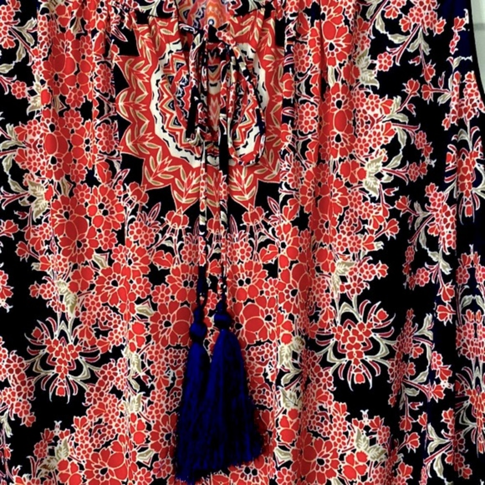 Chico’s Women Floral Geo Print Dress Size 3 - Front tassels Preowned - Picture 5 of 8